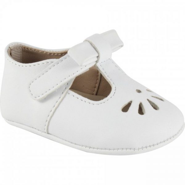 Girls White T-Strap with Bow Accent